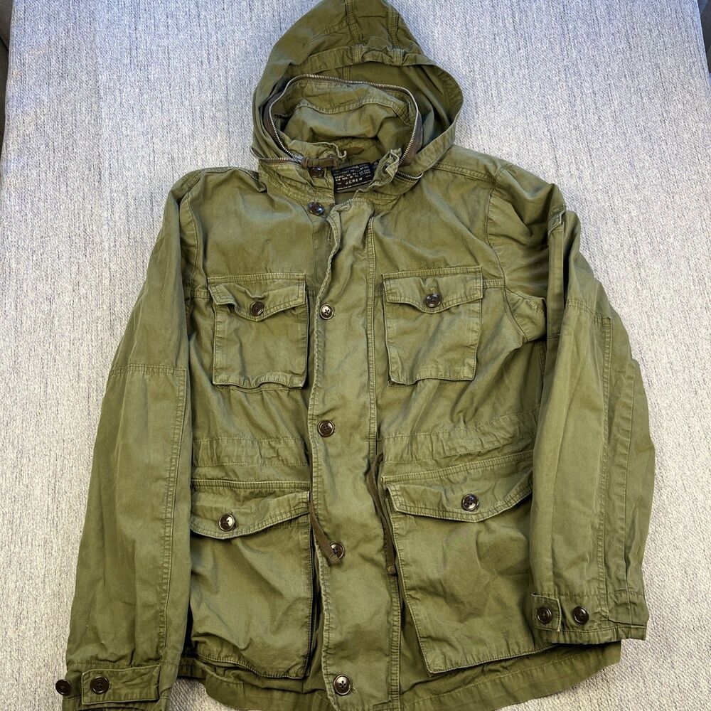 J.Crew Men's M-65 Military Field Mechanic Jacket Olive Green Hooded XL Unlined